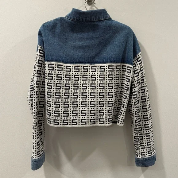 Sandro Blue and White Cropped Denim Jacket - Picture 8 of 10